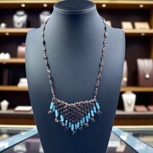 Boho Beaded Necklace Brown Wood‎ With Turquoise Accents Rustic Earthy Festival